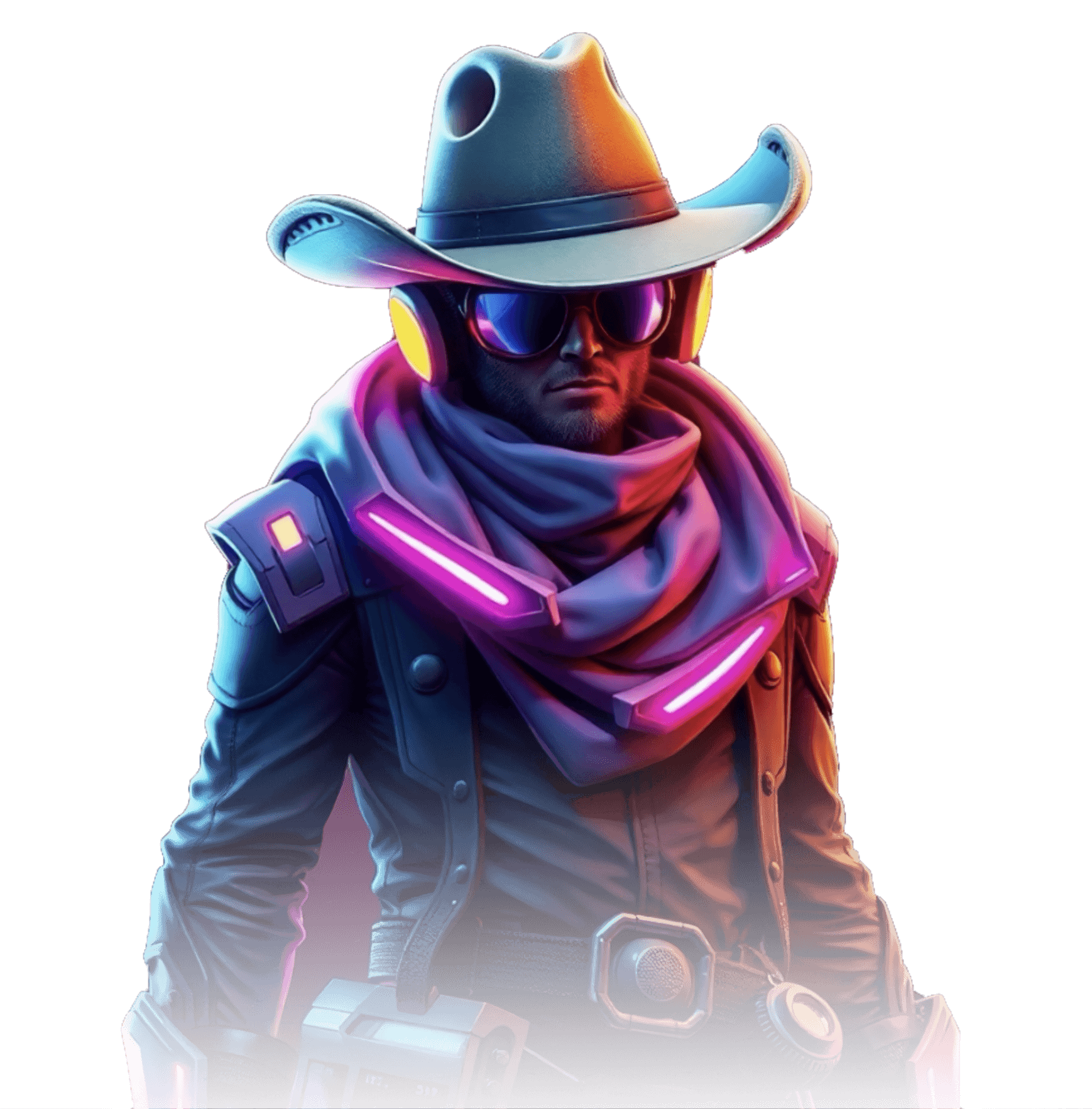 A futuristic cowboy character NFT with neon accents, showcasing a blend of Western and high-tech elements