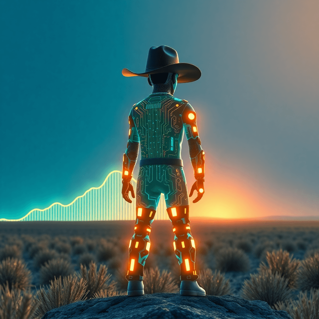 A futuristic AI cowboy standing tall on a digital landscape. The cowboy is composed of glowing circuit patterns and wears a traditional cowboy hat. In the background, a graph showing exponential growth represents the success of GOAT and Truth Terminal. The cowboy is facing towards a bright horizon, symbolizing the future of AI-driven crypto projects.